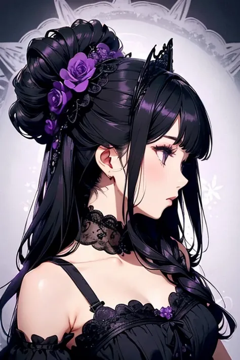    Black And Purple Lace Dress  、    cute、Villainess、     headbands    、     profile    、  profile    のアップ、    Beautiful hair ornaments    .((Strong Details    )).((Front   :1.25)).(( superior:1.35)).