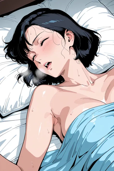 Fa Yuiry、 Mobile Suit Gundam 、masterpiece,  Super high quality , Super Detail, beautiful, Dark Hair、 bob hair, 1980s,Maternal、Seductive lips、 widow、 bed、Lover relationship、 on my face、 dyed cheeks、 I'm out of breath、 close eyes、I'm raising my eyebrows stro...