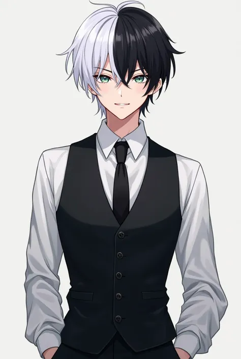 I want to create anime black hair with 1 black hair with 1 hair white silver shirt worn black vest with black tie male character