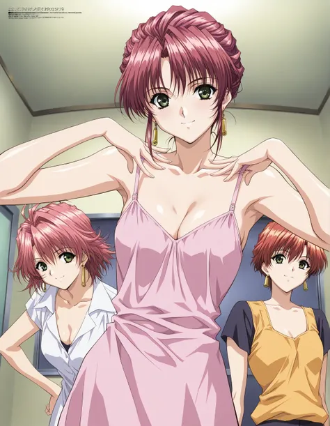 houjou_marina(Adam_TDF), one girl, Alone,  earrings,  green eyes, Red Hair,  pink hair with a scar,  short hair,  small breasts, cleavage, (bright smile:1.2), ( sexy pose),  score_9,  score_8_superior,  score_7_superior,  source_anime, (best quality:1.2), ...