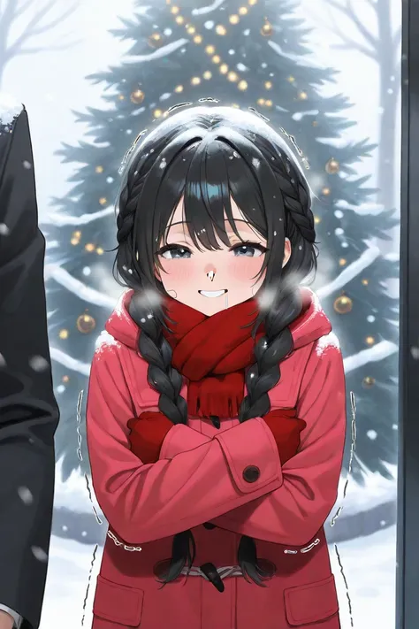  holding arms with a man、 high school girl、 black hair、Mitten Gloves、Snow in your hair、Sound of wind blowing 、Change her hairstyle to braids、shivering smile 、 Add trembling lines、 crowds、 Christmas tree 、 illumination、 snowing 、snot、 Cute Coat、 muffler 