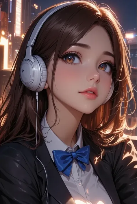  headphones is on a train,   sitting on a bench seat,  beautiful detailed eyes,  Beautifully Detailed Lips,  highly detailed eyes and faces based on dinosaurs,  long eyelashes,  school uniform,  staring out of the window,  calm expression,  warm colored li...