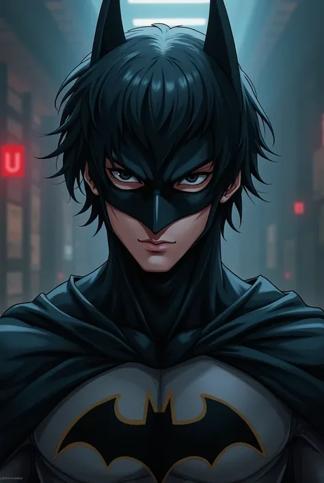 A man with black eyes  ,White tea with medium long black hair on the top and short on the sides, Disguised as Batman anime style 