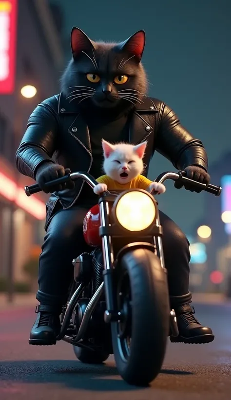 In cinematic 3D style, HD image ,realistic image ,colourful image.
Character. A muscular body big black cat wearing black leather jacket black t-shirt and black jeans and black shoes
Character, white baby cat wearing yellow t-shirt and blue shorts, express...