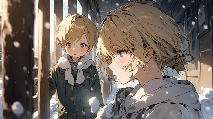 {{{masterpiece}}}, {{{best quality}}}, {{ultra-detailed}}, {illustration},A boy in the upper elementary school with golden hair and a short hairstyle、２d、Beautiful mother with long golden hair、In the snow