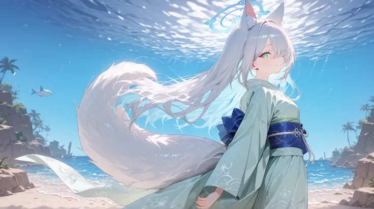  Gray Hair、long hair、hair over one eye、summer、sea、Ruins、Cumulonimbus、 slender、magenta accent color、  cute pose、smile、  Cool Personality、  boyish、July、  kimono、 Fox Ears、fox tail、 floating hair、 high school girl、、masterpiece、masterpiece、 pale blue-green eye...