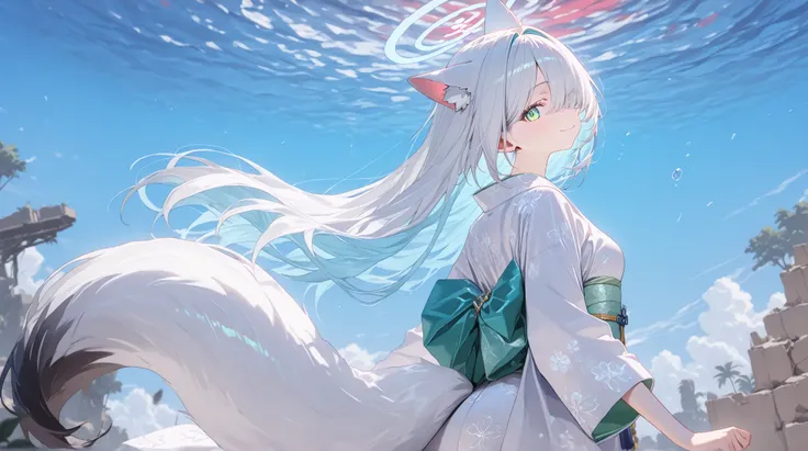  Gray Hair、long hair、hair over one eye、summer、sea、Ruins、Cumulonimbus、 slender、magenta accent color、  cute pose、smile、  Cool Personality、  boyish、July、  kimono、 Fox Ears、fox tail、 floating hair、 high school girl、、masterpiece、masterpiece、 pale blue-green eye...