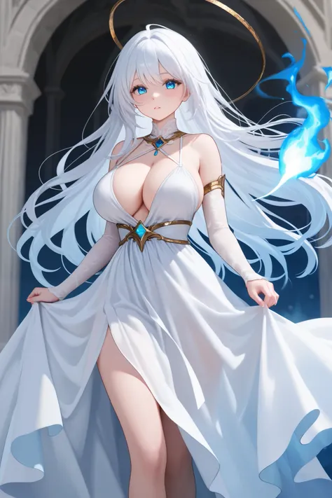  girl,  with long white hair,  blue eyes ,  with big breasts,  in a white dress ,  uses the magic of a blue-colored flame