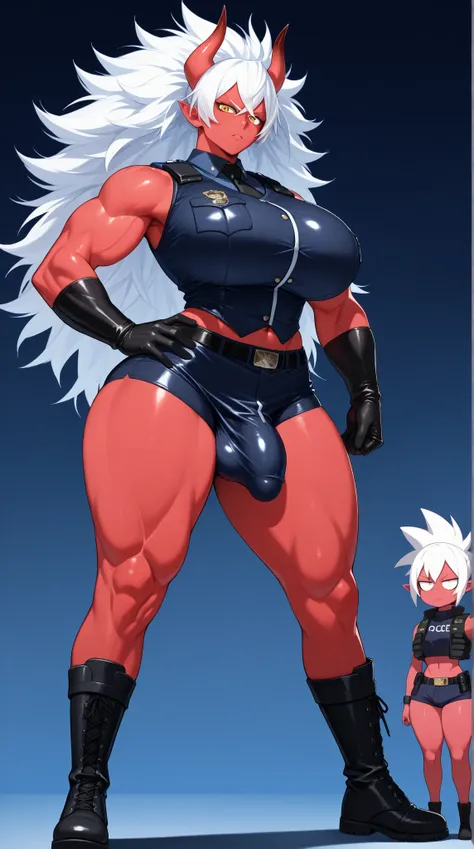 Oni woman, demon girl, bulk, strong, black police vest,police, strong woman, mini shorts blue, sleeveless white hair, big hair, LONG WHITE HAIR, handsome, fierce, red horn, red skin, black glove, royal blue shorts, combat boots, masterpiece, high quality, ...