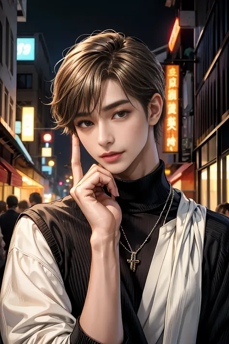 masterpiece、Ultra delicate、 top quality、Halimichimi、Young man about 30 years old 、male、thin、Very attractive、 so beautiful、Very clever、 short ash bang、 light brown hair、Black Eyes、Smirk、oversized turtleneck black sweater、 silver necklace around her neck 、体は...