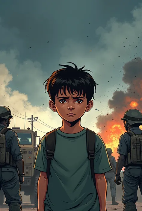 make the image more like comic illustration style. Behind the boy ther some war gouiing on. 