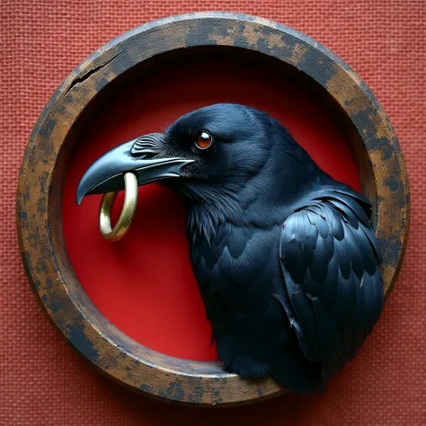 In a circle made of thick wood in the color and structure of black rosewood, there is a crow's head with a ring in its beak.  The accent on a silver beak with a ring , so that they are clearly visible . Raven's expression, symbolizes the crow's wisdom and ...