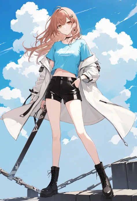 whole body, cool beautiful girl,  slender body  、   soft white coat  , sky blue t-shirt 、  black hot pants, leather boots、Cool Summer,Slightly white skin , light brown eyes, auburn hair color (Semi D ),  hairpin