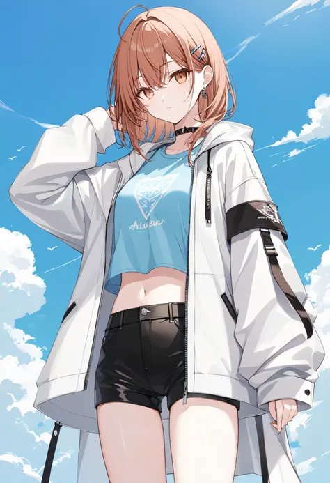 whole body, cool beautiful girl,  slender body  、   soft white coat  , sky blue t-shirt 、  black hot pants, leather boots、Cool Summer,Slightly white skin , light brown eyes, auburn hair color (Semi D ),  hairpin