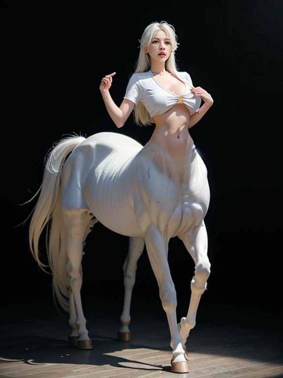 Official Art，unification 8k wallpaper，Ultra-precision， Protect beauty and aesthetics ，masterpiece， best quality，1 woman， very detailed，dynamic angle，female，，(shirt)，(white golden horse )，gray long hair，Abdominal exposure，mature， standing on top ， big boobs...