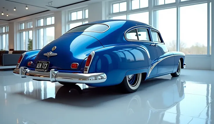 Back side view of painted Blue shiny black clour  New Buick super 1947  sleek in large shape sedan in large size with ( Buick super its large detailed grille in shiny white clour with angular sporty design captured from close full  back side view with modi...