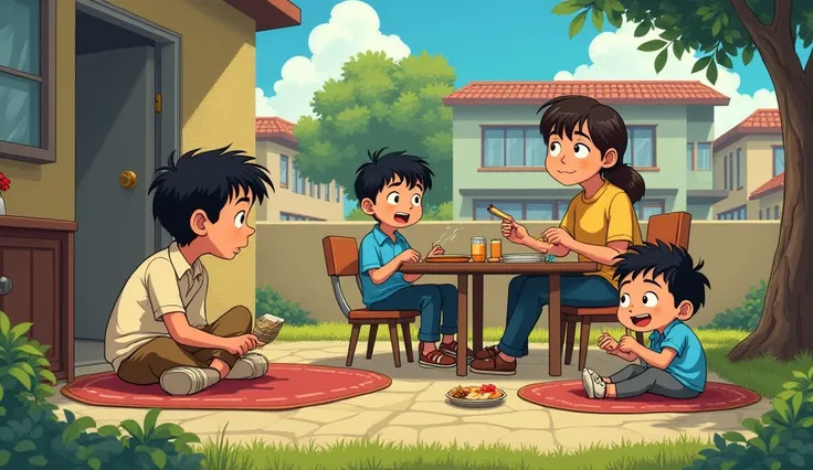 Anime style thumbnail showing seven scenes of hood memories:

1. Aryan sitting at home pretending to be sick with his mother in the background, looking concerned.


2. Aryan and his friends playing cricket, with a ball flying into a neighbor's house, and t...