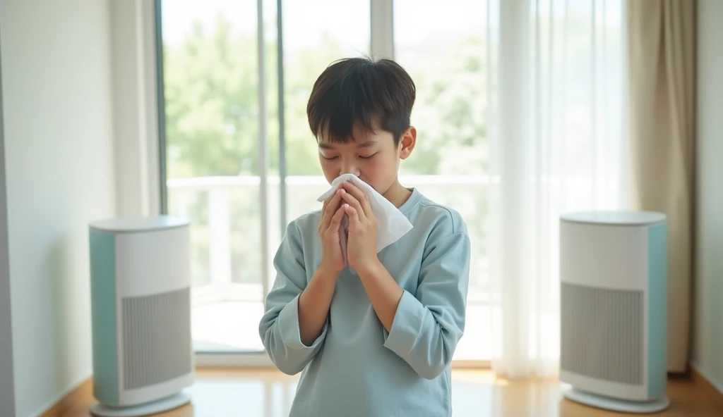 "A realistic photo of a young Thai  sneezing into a handkerchief while inside a bright, modern white home. The  looks slightly unwell but is in a clean indoor environment. Two air purifiers are placed in the room, symbolizing efforts to maintain clean air....