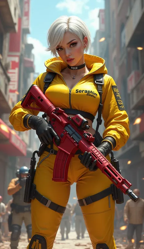 Photo of a Free Fire female character with the name SERAPHIM on his clothes, red m4 in her hand, big boobs, chubby body, YELLOW nanotech suit , WHITE short hair, people shooting with guns in background