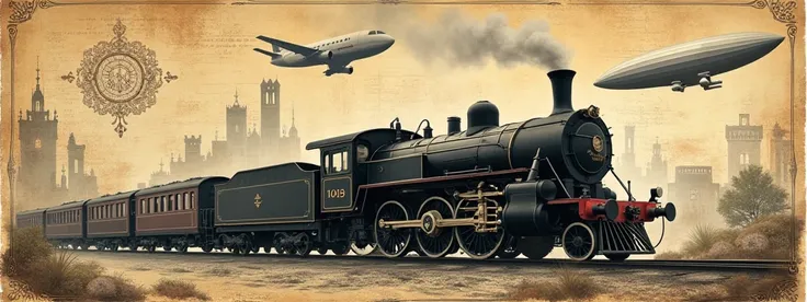 Create a graphic montage for men in a vintage style. Use graphic elements such as vintage train, airship, vintage men's watch, map, orientator, antique papers, pens, vintage car race. Do not depict a man or a person in the picture.