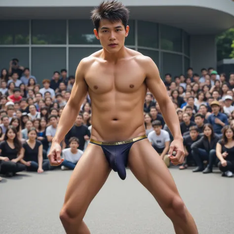 live-action, surreal, photos, in ultra high quality,Shirtless on a strip theater stage ( white suit jacket)Handsome  Japanese dressed in(male)A stripper wears (((( sexy gold string bikini pants with a sharp cut in as thin as a string)))) on your upper body...