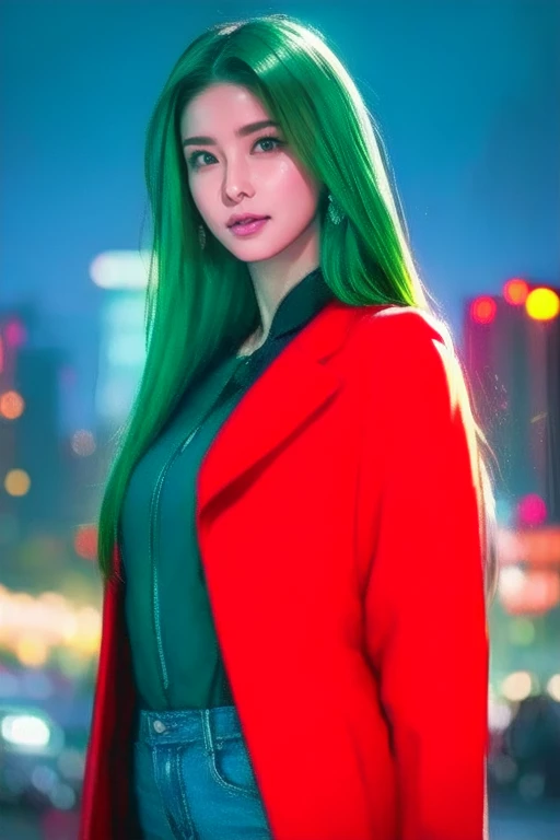 Portrait of a beautiful female model by Nathap., Georgia Fowler,    beautiful face ,    long green hair, Cyberpunk City Afternoon. She is wearing a red long coat.,    jeans negros   ,    dramatic lighting, (Police Badge:1.2)