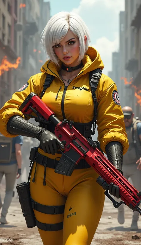 Photo of a Free Fire female character with the name SERAPHIM on his clothes, red m4 in her hand, big boobs, chubby body, YELLOW nanotech suit , WHITE short hair, people shooting with guns in background