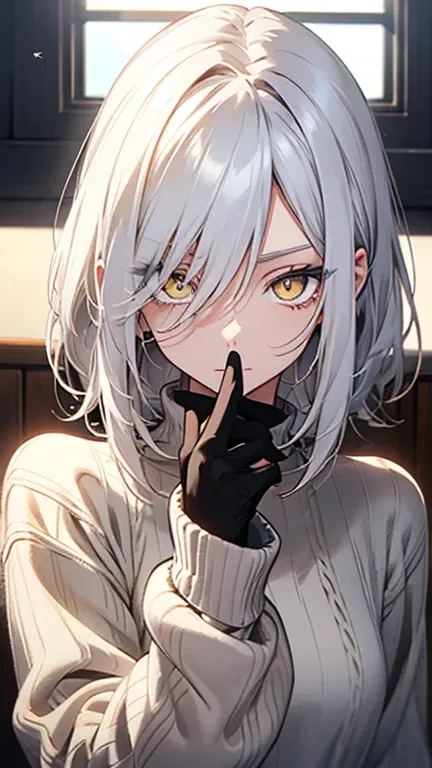 one, eyes, eyes性,  White  soft sweater,  yellow eyes,   direct facial treatment  , short、 White 、disorder、 Tousled hair length, The color is bright 、 Black gradient stripes , sunlight, Warm Light,  anime style