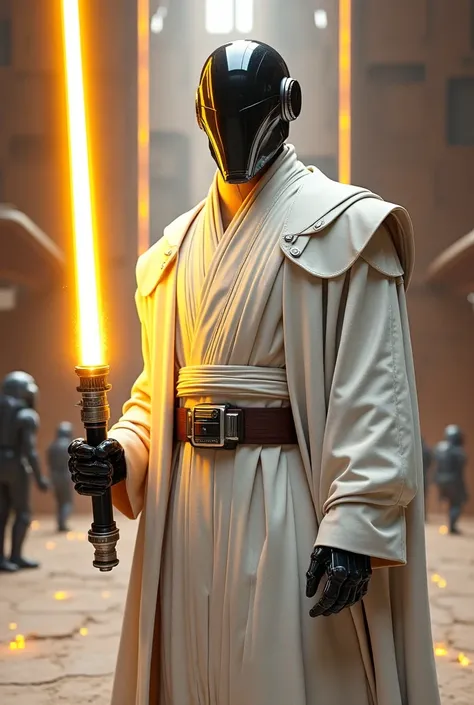 star wars Great Jedi with Gold lighsaber, White suit and White coat and a robot Mask covering half face