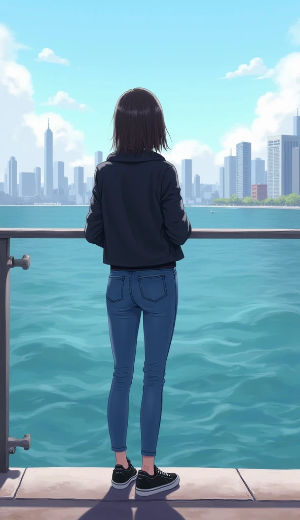 
create an image][ of a woman with blue jeans][ black sneakers, black jacket][ straight hair][ she is on the city's waterfront looking at the sea ][ with the image of the city in the background. ]