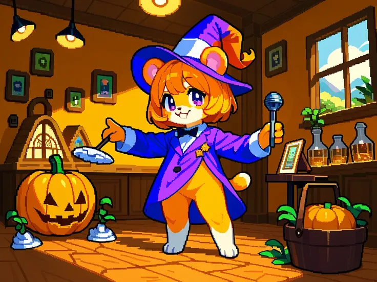  pixel art , 90s Super Famicom pixel art, SNES, Hamster Personification , furry, cute hamster girl,  Magician's Robe ,Wizard&#39;s Pointed Hat,  A magic wand that emits light, Pumpkin Pants, Magical House,  The room is full of wonders,  experimental flasks...