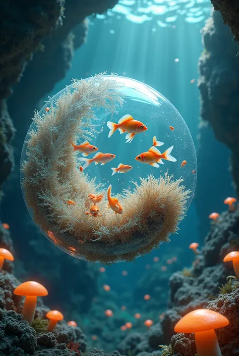 Imagine an aquatic ecosystems inside a fluffy Ammonite with a transparent clear delicate shell of magical phenomenon sliding in a cavern full of glowing mushrooms, Glass clear bioluminescent,  Beautiful Coral Reef ,  goldfish and carp swimming in the shell...