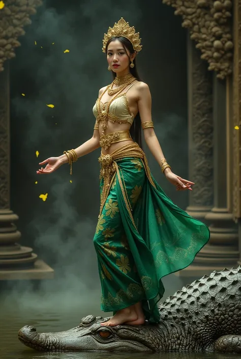 A beautiful young woman, likely of Southeast Asian ethnicity, is depicted in a traditional Apsara dance costume. She is positioned slightly off-center to the image's right side stand on giant crocodile, her hand take the magic power, standing in a pose tha...