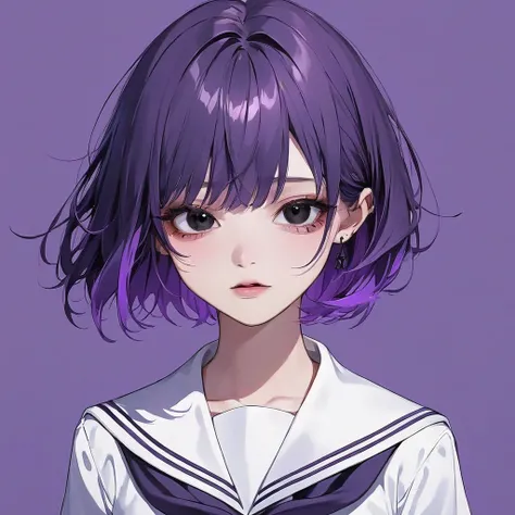 1 girl, black eyes, purple hair, short hair, sailor suit, dark color background, simple