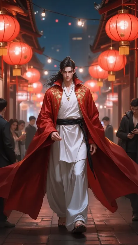 reality,night,City，New Year's Eve ,aisle, red lantern , very detailed,  A Chinese man ,Handsome face,preauricular hair, strong figure, wearing white kung fu, red cape jacket , gold striped design ,walking