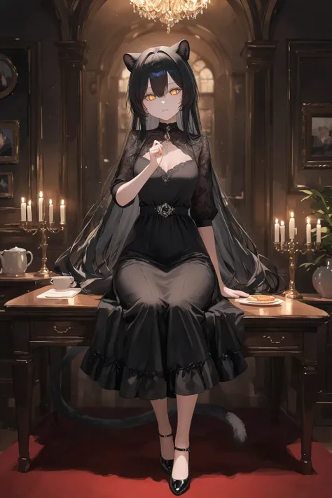   1 girl,   black panther girl  ,  golden eyes,   black hair ,  very long black hair , Cool,   beautiful,   black panther ears  , Tierohren, tail, elegant day dress ,  in the manor breakfast table, front view, from the front, full body,  masterpiece,   rol...