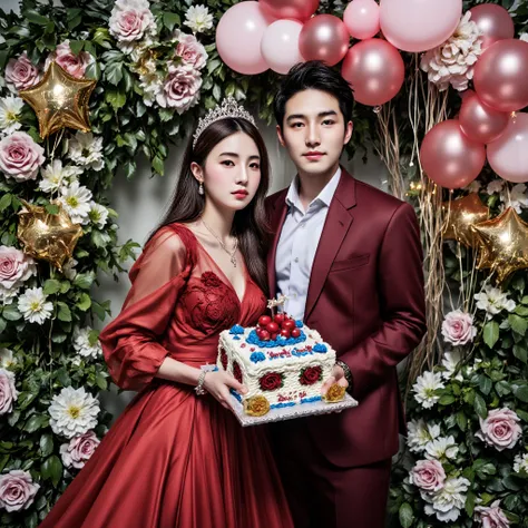 Full body photo shoot couple Beautiful woman smiling and smiling guy smiling romantic standing holding year round cake decorated beautiful and beautiful with inscription "HAPPY BIRTHDAY ANO BAE looks clear and detailed"with blue cream cake and red cherry d...