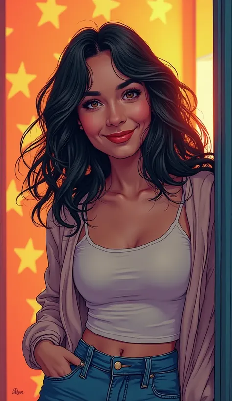 DISCREET image. with discreet casual clothes. image adult woman, american, comic book style. SHE IS HAPPY, with a discreet smile. IMAGES WITH VIBRANT COLORS.