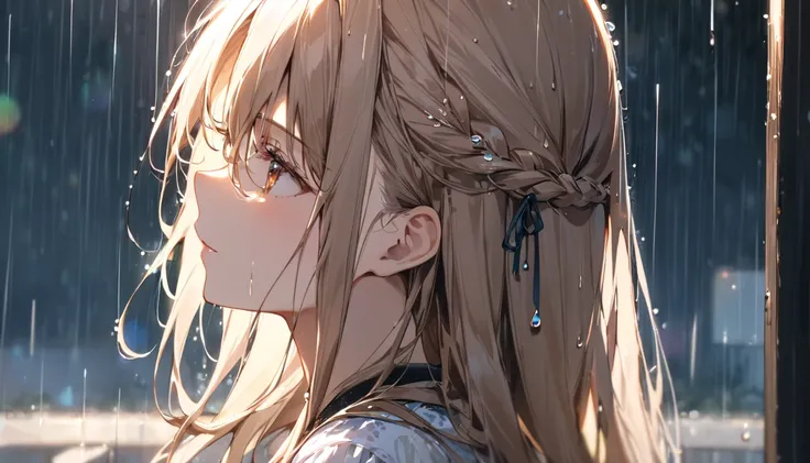  1 girl,  profile ,  side view,   depth of coverage,  long hair,  French Braid ,  Straight Hair ,  portrait,  and ,  blouse,  Hair,  on the forehead, rain, raindrop,  lens flare,  sunshine,  eyeliner,  eyeshadow, masterpiece,  top quality