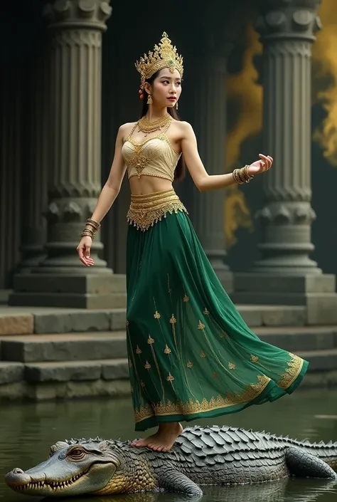 A beautiful young woman, likely of Southeast Asian ethnicity, is depicted in a traditional Apsara dance costume. She is positioned slightly off-center to the image's right side stand on giant crocodile, her hand take the magic ball power, standing in a pos...