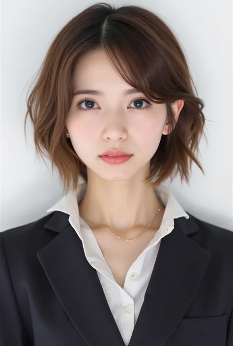 Beautiful Japanese Woman 、、 She is wearing an office lady suit、濃いeyeshadow 、Hairstyle: ショートカット、wavy hair 、 Light Brown Hair 、ear piercing、  Smile slightly 、 necklace、 white backgr