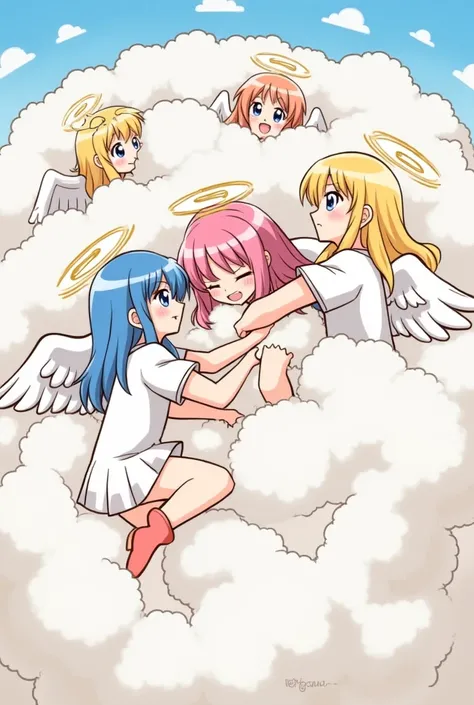 An anime-style illustration depicting many angel-girls playfully wrestling with each other inside a comical fight cloud.
each angel-girl has different colored hair.
their faces,hands,and feet are visible emerging from the cloud as they tussle humorously,  ...