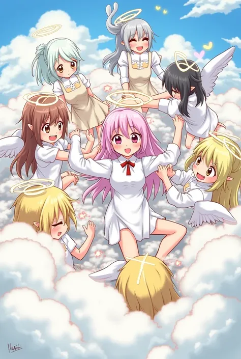 An anime-style illustration depicting many angel-girls playfully wrestling with each other inside a heaven comical fight cloud.
each angel-girl has different colored hair.
their faces,hands,and feet are visible emerging from the cloud as they tussle humoro...