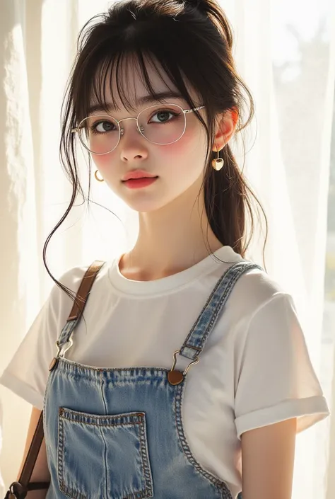 (( top quality)), ((傑 top quality、masterpiece、High sensitivity、 high resolution、 detailed depiction、 depicting a delicate face))Slender Woman、Glasses、 with a smile、 jumper skirt、 Heart Earrings 、Eco bag 、