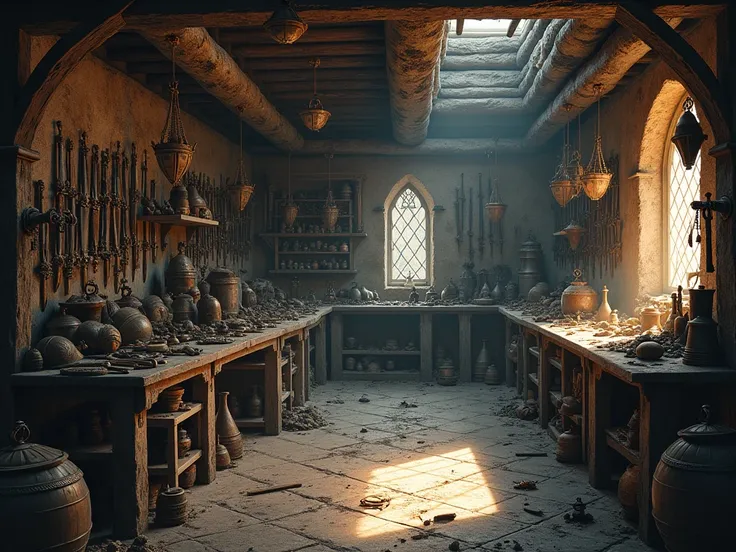 inside a medieval blacksmith dirty shop, large messy room with a counter but no shopkeeper, medieval weapons and medieval armors on shelters and tables, medieval fantasy atmosphere, detailed medieval items and architecture.