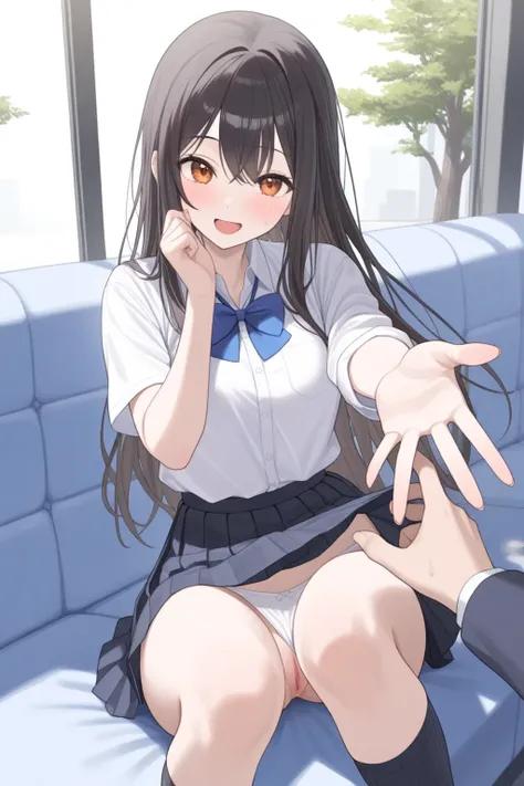 Alone, black hair,  long hair,  amber eyes,  my chest is open、 Outfit Shirt,   navy blue pleated skirt　  good expression、(Giving viewers a dodgy face )、(I'm going to brag about it)、 white panties （（ I can see her panties）） black knee-high socks、( top quali...