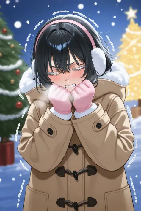  holding arms with a man、 earmuffs、 clenching teeth、A cold look、 midnight、White eyelashes、暖かい muffler 、snot、Light snow is piling up、 hairstyle is chignon 、swelling、Big coat、, very fat、 is wearing a hood、 high school girl、 black hair、Mitten Gloves、Snow in y...