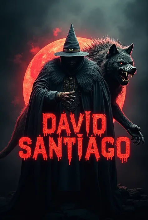 Company logo with the name David Santiago with a super powerful wizard behind the company name unleashing powers and looking like a mobster and a very monstrous wolf with huge teeth and a very angry face