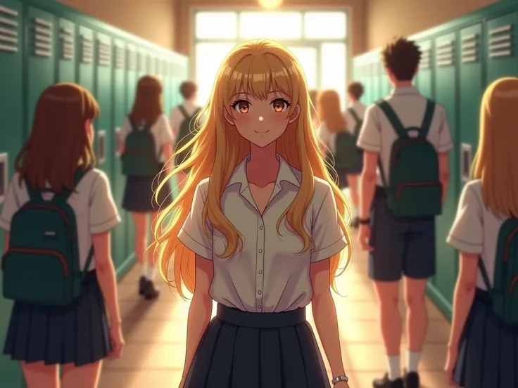 beautiful blond girl with long hair goes to school, guys are staring at her