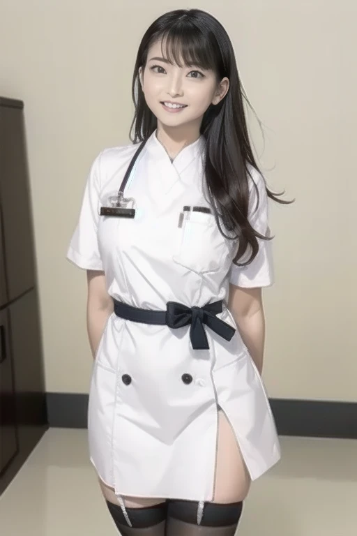 I'm wearing a nurse uniform at the hospital 、 black stockings in a dark prison  、 There is a nurse wearing  、  long hair、  slim waist、 、  smiles gently
